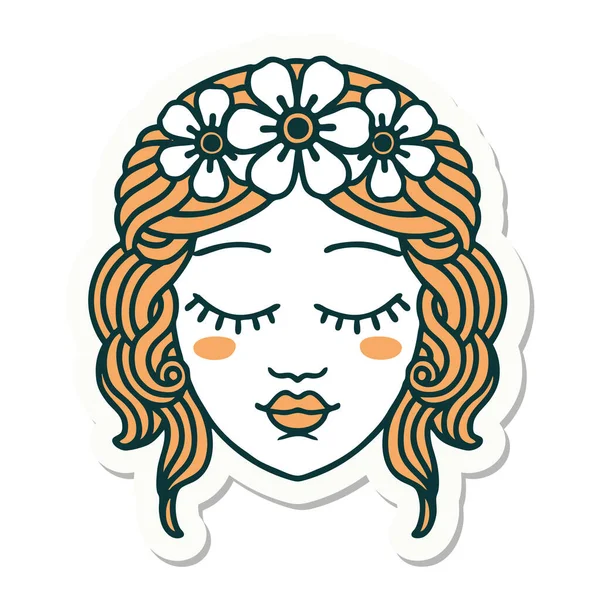 Наклейка Татуировки Традиционном Стиле Женского Лица Закрытыми Глазами — стоковый вектор