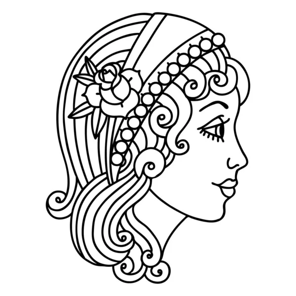 Tattoo Black Line Style Gypsy Head — Stock Vector