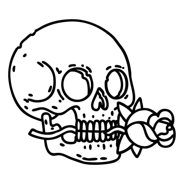Tatouage Dans Style Ligne Noire Crâne Rose — Image vectorielle