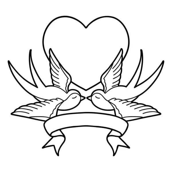 Tatuagem Linework Preto Tradicional Com Bandeira Andorinhas Coração — Vetor de Stock