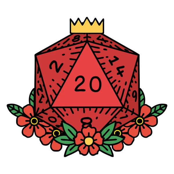 Rouleau Dés Retro Tattoo Style Naturel D20 Avec Des Éléments — Image vectorielle