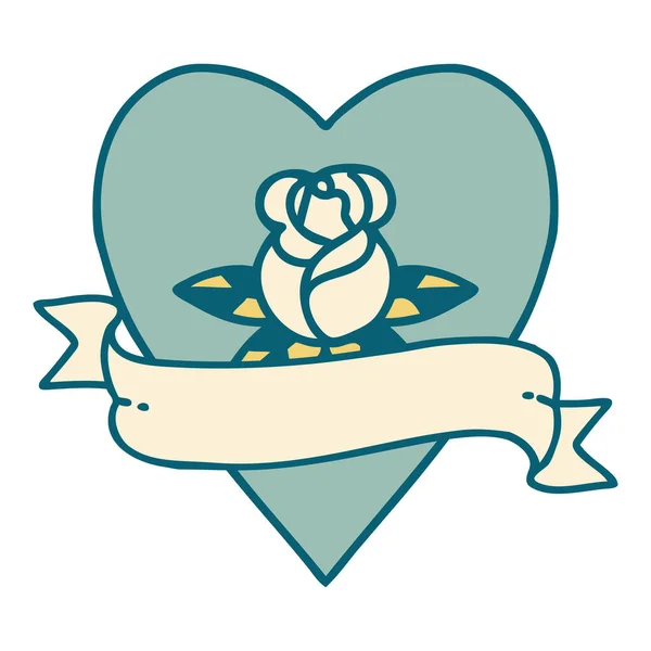 Emblématique Tatouage Style Image Coeur Rose Bannière — Image vectorielle
