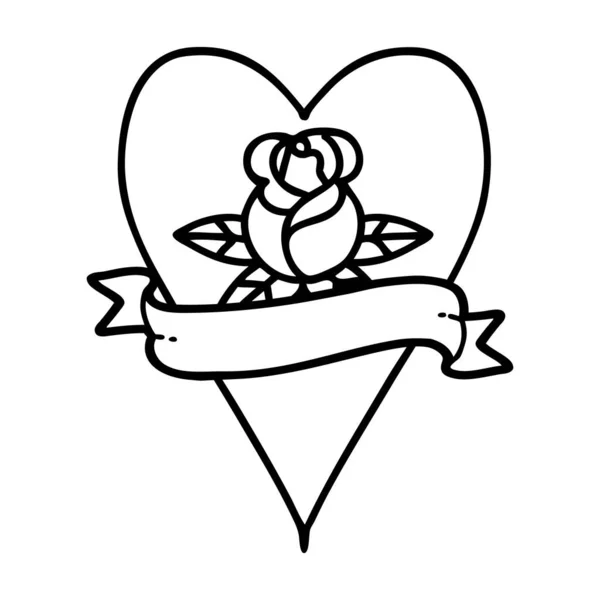 Tatouage Dans Style Ligne Noire Coeur Rose Bannière — Image vectorielle