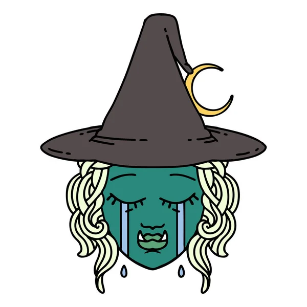 Retro Tattoo Style Crying Half Orc Witch Character Face — Stock Vector