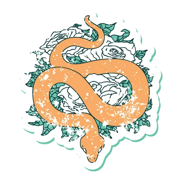 Emblématique Autocollant Affligé Tatouage Style Image Serpent Roses — Image vectorielle