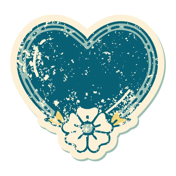 Icónica Imagen Estilo Tatuaje Etiqueta Angustiada Corazón Una Flor — Vector de stock