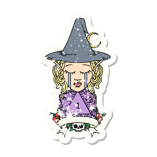 Grunge Sticker Van Een Huilende Elf Mage Karakter Met Natuurlijke — Stockvector