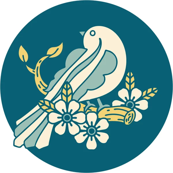 枝に鳥の象徴的なタトゥースタイルの画像 — ストックベクタ