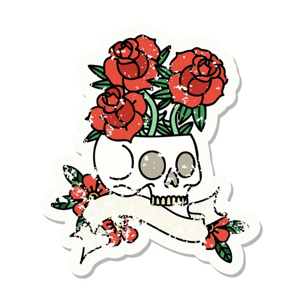 头盖骨和玫瑰横幅的旧贴纸 — 图库矢量图片
