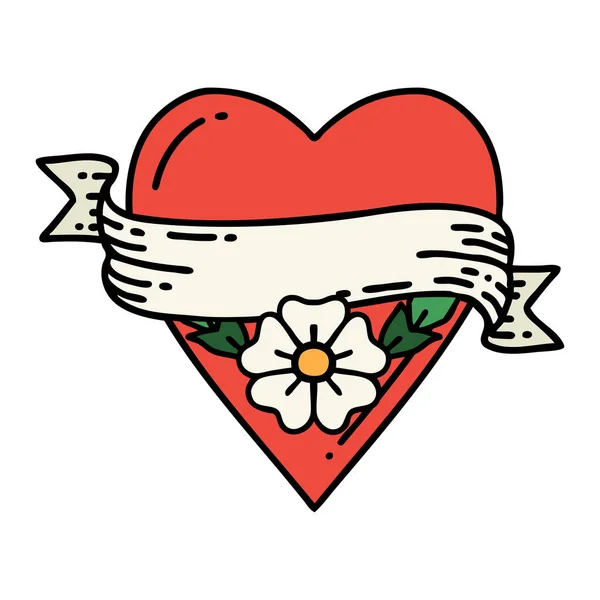 Tetoválás Hagyományos Stílusban Egy Szív Virág Banner — Stock Vector