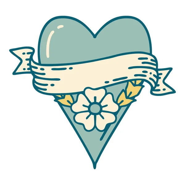 Ikonik Dövme Stili Bir Kalp Çiçeği Bayrak — Stok Vektör