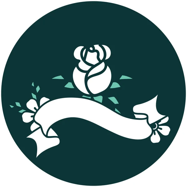 Ikona Tatuażu Chorągwią Pojedynczej Róży — Wektor stockowy