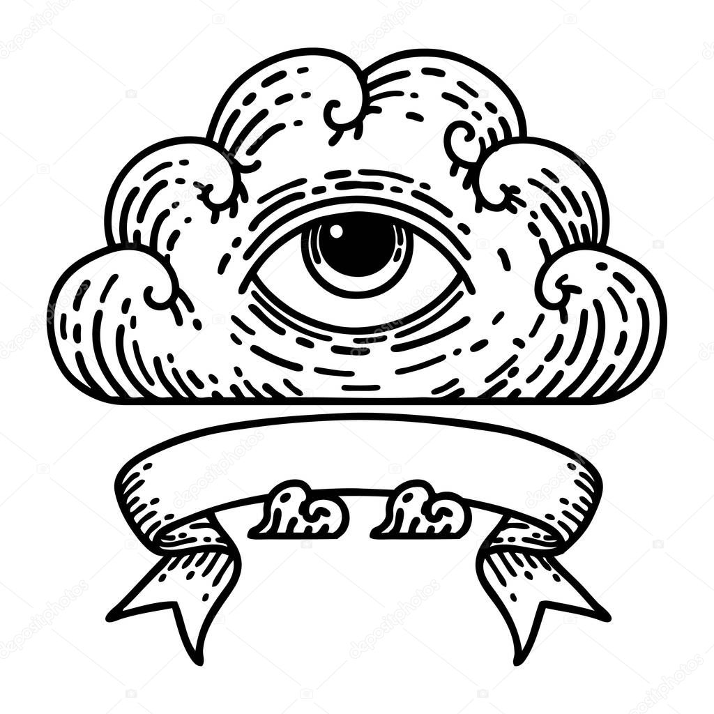 traditional black linework tattoo with banner of an all seeing eye cloud