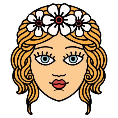 Geleneksel kadın yüzlü dövme. Çiçekten taç takıyor.