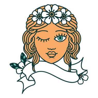 Geleneksel dövmeli, yüzü yanıp sönen genç kızların bayrağı.