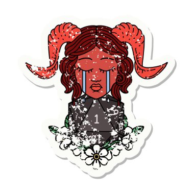 Ağlayan, bağlayan, doğal bir D20 zarlı bir karakterin grunge çıkartması.