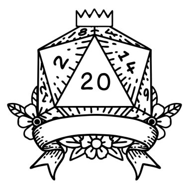 Siyah ve Beyaz Dövme çizim Biçimi Doğal 20 kritik vuruş D20 zar atma