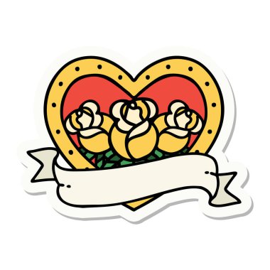 Geleneksel kalp stili dövme çıkartması ve çiçekli pankart.