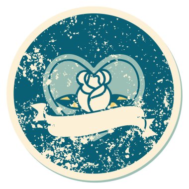 İkonik ıstıraplı dövme stili kalp gülü ve bayrağın görüntüsü 