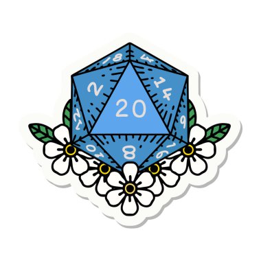 Doğal bir 20 D20 zarının çıkartması. Çiçekli elementlerle birlikte.