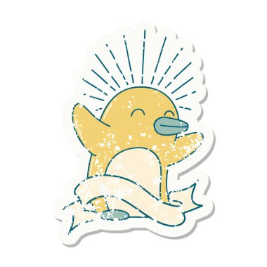 Dövme stili eski bir çıkartma. Mutlu penguen.