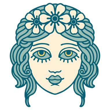 ikonik dövme stili çiçek taçlı kadın yüzü.