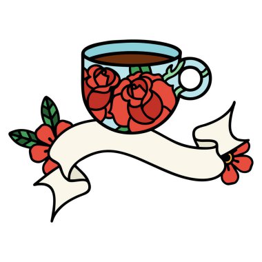 Geleneksel dövmeli, fincanlı ve çiçekli