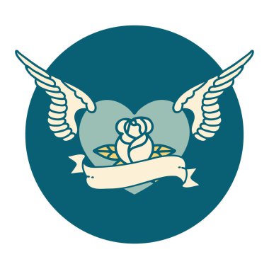 Çiçek ve bayrak taşıyan uçan bir kalbin ikonik dövme görüntüsü