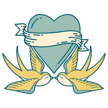 Kırlangıçların ikonik dövme şekli ve sancaklı bir kalp.