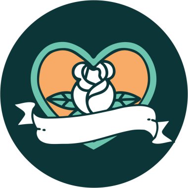 İkonik dövme tarzı bir kalp gülü ve bayrağının görüntüsü 