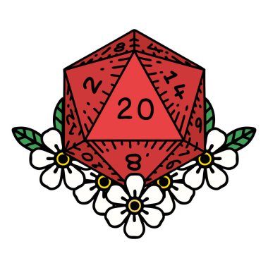 Retro Dövme Biçimi Doğal 20 D20 zarlar Çiçekli elementlerle yuvarlanır