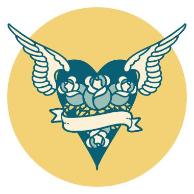 Çiçek ve bayrak taşıyan uçan bir kalbin ikonik dövme görüntüsü