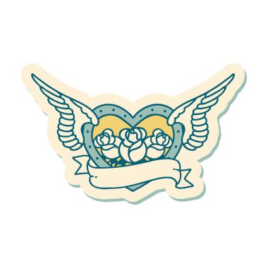 Geleneksel bir dövme stili. Çiçek ve bayrak taşıyan uçan kalp stili.