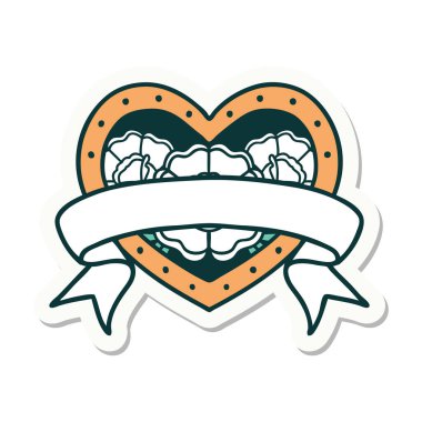 Geleneksel kalp stili dövme çıkartması ve çiçekli pankart.