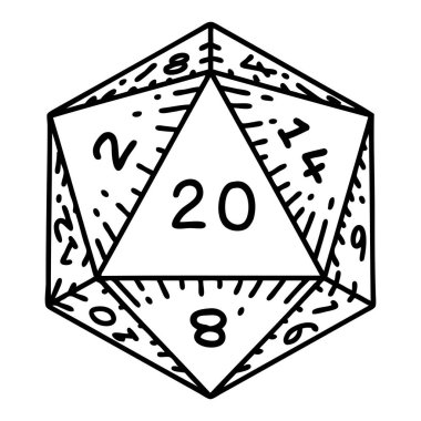 tattoo in black line style of a d20 dice clipart
