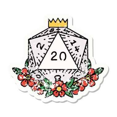 Doğal 20 D20 zarının çiçek elementli grunge sticker 'ı.