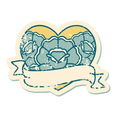 ikonik sıkıntılı dövme stili bir kalp ve çiçekli pankart