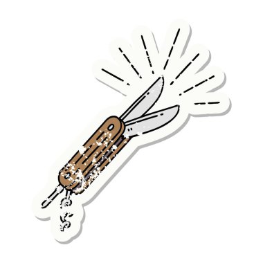 Eski bir dövme stili katlama bıçağının eski bir çıkartması.