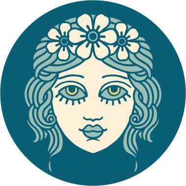 ikonik dövme stili çiçek taçlı kadın yüzü.