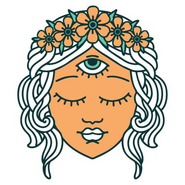 İkonik dövme stili. Üçüncü gözü ve çiçek tacıyla kadın yüzü.