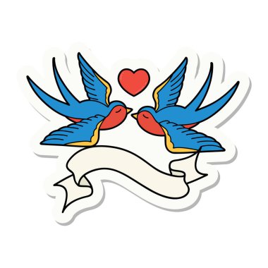 Dövme stili çıkartma. Kırlangıçlar ve kalp işareti var.