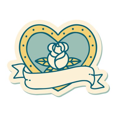 Dövme çıkartması geleneksel tarz bir kalp gülü ve bayrağı 