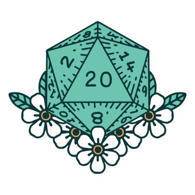 Retro Dövme Biçimi Doğal 20 D20 zarlar Çiçekli elementlerle yuvarlanır