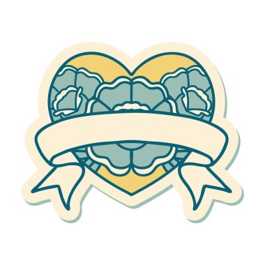 Geleneksel kalp stili dövme çıkartması ve çiçekli pankart.