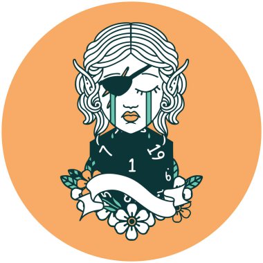 Ağlayan elf karakteri yüzü ve doğal bir D20 rulosu.