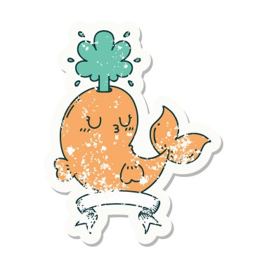 Dövme stili eski bir çıkartma. Mutlu balina karakteri fışkırtıyor.