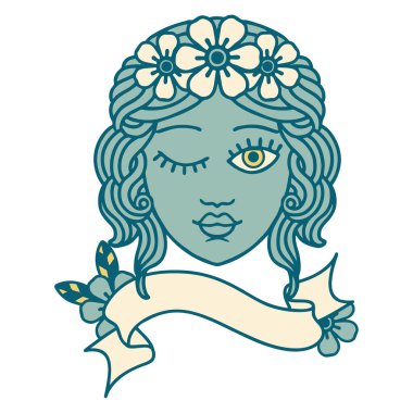 Geleneksel dövmeli, yüzü yanıp sönen genç kızların bayrağı.