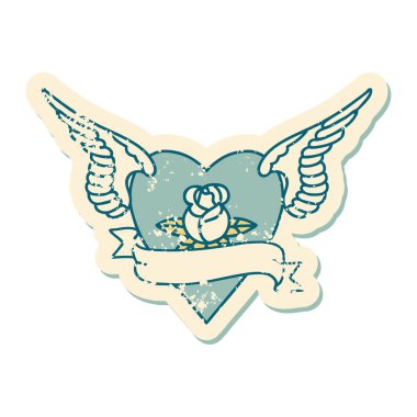 İkonik sıkıntılı dövme stili. Kalbin kanatlı görüntüsü. Bir gül ve bayrak.