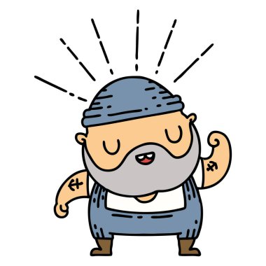 Geleneksel dövme stili, sakallı, pazılarını esneten bir adamın resmi.