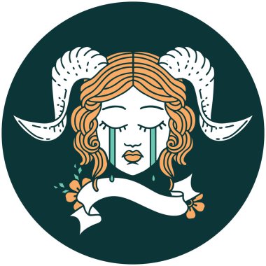 Ağlama ikonu karakter yüzü parşömen pankartıyla bağlanıyor